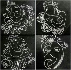 four different drawings of elephants and birds on a blackboard with white chalk pastel