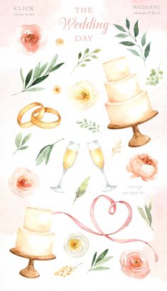 watercolor wedding clipart set with flowers, cake and champagne glasses on pink background