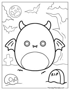 a coloring page with an image of a bat and skull in the background, it is black and white