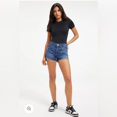 Good American- Blue645 Distress Shorts Size:4 Nwt* Fitted Mid-rise Casual Shorts, Fitted Medium Wash Shorts, Destroyed Denim Shorts, American Shorts, High Waisted Black Jeans, American Jeans, Stretch Denim Shorts, American Denim, Destroyed Denim