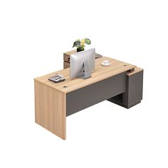 an office desk with a computer on it and a plant in the middle, against a white background