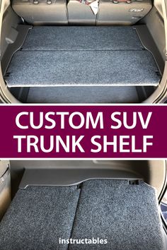 the trunk compartment in a car with text overlay that says custom suv trunk shelf