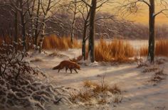 a painting of a fox running through the snow in a wooded area with trees and grass