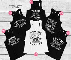 SHIRT DETAILS // This listing is for ONE country music themed racerback tank top // These tank tops are 100% cotton with a white graphic for dark colored shirts or a black graphic for light colored shirts. Additional font colors are available upon request. // Available in sizes S-2XL // These tank tops run small. We recommend everyone order one size up from their normal women's t-shirt size. HOW TO ORDER: // Select Size + Shirt Color + Graphic from drop down menus and add to your cart // Once yo Bachelorette Party Songs, Country Bachelorette Party, Country Bachelorette Parties, Country Bachelorette, Party Songs, Bachelorette Party Shirts, Muscle Tank Tops, Running Tops, Party Shirts