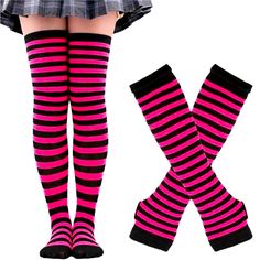 Over-The-Knee Striped Socks And Gloves Pink American Festivals, Christmas Cosplay, Striped Stockings, Halloween Socks, Kawaii Christmas, Skirts Jeans, Pattern Socks, Thigh High Socks, Rose Rouge