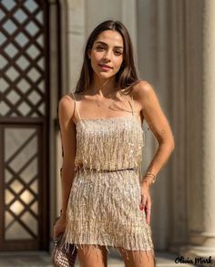 Olivia Mark - Fashionable Fringed Sequin Cocktail Dress with Delicate Spaghetti Straps Champagne Homecoming Dresses, Dama Dresses, Sequin Evening Gowns, Mermaid Evening Gown, Sequin Formal Dress, Sequin Evening Dresses, Sequin Cocktail Dress, Short Cocktail Dress, Sophisticated Dress