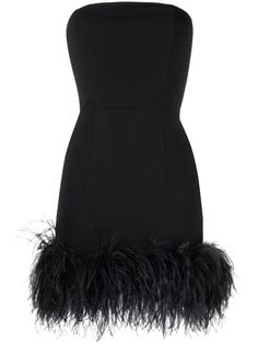 16Arlington Minelli feather-trim Strapless Minidress - Farfetch 16 Arlington, Posh Clothing, Black Feather Dress, Boned Bodice, Designer Cocktail Dress, Feather Trim, Strapless Midi Dress, Feather Dress, Satin Mini Dress