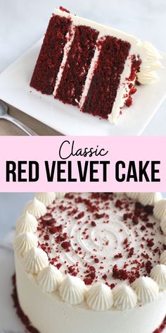 red velvet cake with white frosting and crumbs on the edges, in two different views