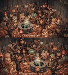 several different pictures of pumpkins and trees in the woods with candles on them,