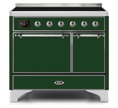 a green oven with two doors and three burners