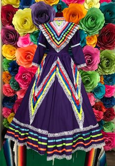 1 Mexican ONE PIECE JALISCO DRESS COLOR purple Teenager Ask for different sizes and colors SIZE 16 check measurements - Important the colors of the ribbon can change WAIST TO FLOOR 44 inches Top to waist 12 inches Waist 18 inches sleeve 21 inches armpit to armpit 20 inches from shoulder to shoulder 9 inches two ties of 44 inches each around the neck 16 inches hole 9 inches Note: All color embroidery is slightly different, every dress is handmade, so they are different from one another, as a resu Jalisco Dress, Mexican Boho, Hippie Baby, Color Embroidery, Baby Flower, Boho Hippie, Color Purple