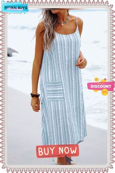 Striped Holiday Sleeveless Basic Crew Neck Women Dress Casual Midi Length Sleeveless Dress For Beach, Beach Season Sleeveless Sundress Midi, Beach Sundress Midi Sleeveless Dress, Striped Sleeveless Vacation Dresses, Sleeveless Striped Vacation Dresses, Striped Sleeveless Sundress For Day Out, Sleeveless Striped Midi Dress For Summer, Striped Sleeveless Sundress, Casual Striped Sleeveless Dress For Vacation