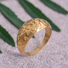 "Engraved Flower Ring, Dome Ring, Vintage Jewelry, Vintage Ring, Floral Ring, Brass Ring, Handmade Ring, Gift For Her, Boho Gift Ring Size:- All Size Available In Variation Metal:- Brass IMPORTANT NOTE....👇 1 product free gift on purchase of 4 products. You can choose the free gift as your wish. Take a screenshot of the free gift you like from my shop and send me a photo in personal message. ❥ Customers' satisfaction is our biggest priority, please contact us with any questions/queries for futu Handmade Gold Ring With Flower Shape, Gold Flower Rings For Jewelry Making, Handmade Flower-shaped Promise Ring, June Birthstone Ring, Engraved Flower, Dome Ring, Gold Signet Ring, Boho Gifts, Boho Ring