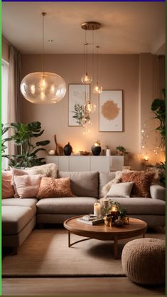 a living room filled with lots of furniture and lights hanging from the ceiling next to a window