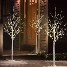 three lighted trees in front of a house