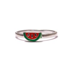 Size & Dimensions:  width of the melon: about 4 mm  length of the melon: about 7 mm  vitamin content: very much  width of the ring bar: about 2 mm  material: 925 sterling silver, enameled, platinum plated It's beautiful and I want it! Just... What is it anyway? When Harry Styles released his song "Watermelon Sugar," it was the epitome of a carefree feather-light summer for me. Just the way you want a summer to be with no strings attached. Inspired by the glorious mood in this song, I created a w Summer Stackable Jewelry As Gift, Stackable Jewelry As Summer Gift, Trendy Silver Enamel Jewelry, Trendy Nickel-free Sterling Silver Rings, Summer Gift Jewelry Open Ring, Trendy Summer Stackable Jewelry, Trendy Stackable Summer Jewelry, Minimalist Enamel Ring Jewelry, Minimalist Rings For Summer Gifts