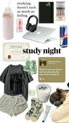 a collage of items that include an apple laptop, headphones and other items