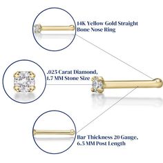 Add a touch of sparkle to your look with this 14k gold diamond accent nose stud.Click on this JEWELRY & WATCHES GUIDE to learn about fit, styles, materials and more! 20 gauge Nickel free Metal: 14k gold Plating: rhodium Packaging: boxed Finish: polished Length: 6.5 mmDIAMOND DETAILS Total weight: less than 1/10 ct. Stone size 1.7 mm Shape: round Setting: prong Please note, due to the high value of this item, a signature may be required upon delivery. Color: White. Gender: female. Age Group: adul Yellow Gold Nose Studs With Prong Setting, Yellow Gold Round Nose Studs With Prong Setting, Yellow Gold Prong Set Round Nose Studs, Elegant Nose Studs For Anniversary, Elegant Round Nose Studs For Anniversary, Round Anniversary Nose Studs With Prong Setting, Anniversary Round Nose Studs With Prong Setting, Round Nose Studs With Prong Setting For Anniversary, Diamond Nose Studs In Yellow Gold For Gift