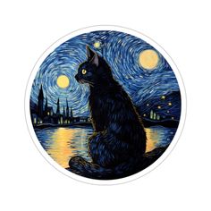 a black cat sitting in front of a night sky with stars and the moon above it