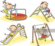 four children playing on swings and slides royalty