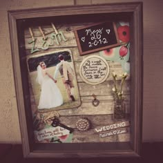 a framed photo with wedding pictures and flowers