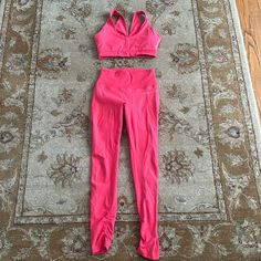 Leggings And Sports Bra Set Color: Pink Condition: Overall Good - Except For A Stain On The Left Thigh Whitney Simmons, Sports Bra Set, Bra Set, Pink Red, Pant Jumpsuit, Overalls, Sports Bra, Pants For Women, Stain