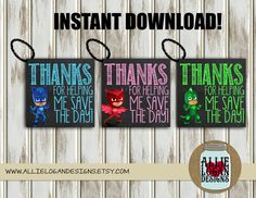 the pj masks printables are hanging on a wall with text that reads instant instant