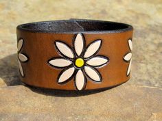 Custom Hand Painted Tooled Leather Bracelet Daisy Cuff Birthday 3rd Anniversary Gift Wide Cuff Brace Handmade Vintage Brown Leather Bracelet Gift, Handmade Brown Cuff Bracelet, Handmade Bohemian Brown Wristband, Bohemian Handmade Brown Wristband, Handmade Brown Cuff Bracelets, Brown Handmade Cuff Bracelets, Distressed Brown Leather Bracelet Gift, Handmade Distressed Brown Adjustable Bracelet, Artisan Brown Bracelets For Gift