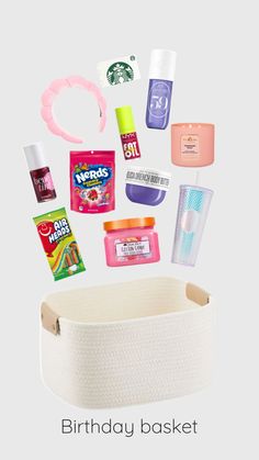 the birthday basket is filled with personal care items for her daughter's first birthday