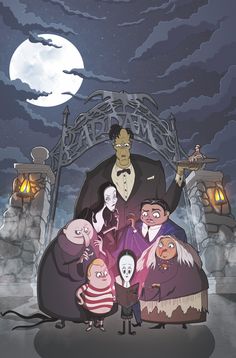 the addams in front of an entrance at night with a full moon behind them