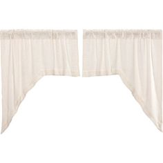 two white curtains hanging on the side of a window