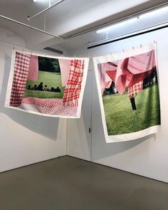 two pictures hanging on the wall in an art gallery, one with red and white checkered fabric