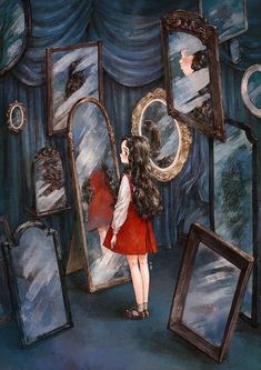 a painting of a girl looking at her reflection in a mirror while she is brushing her hair