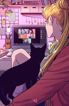 a woman sitting in front of a tv with a black cat on her lap looking at the television screen