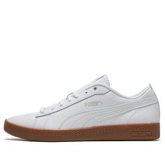 Puma Smash V2 365208-12 White Sneakers With Gum Sole For Skateboarding, Summit White Low-top Casual Sneakers, White Skate Shoes With Rubber Waffle Outsoles, White Skateboarding Sneakers With Vulcanized Sole, White Sneakers With Vulcanized Sole For Skateboarding, White Vulcanized Sole Sneakers For Skateboarding, White Lace-up Skate Shoes With Gum Sole, White Leather Casual Skate Shoes, Casual White Leather Skate Shoes