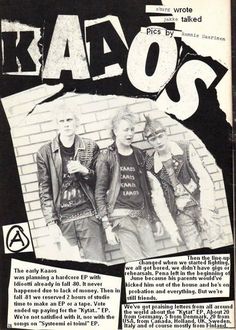 an advertisement for the band kaos featuring two young men in black and white, standing next to a brick wall