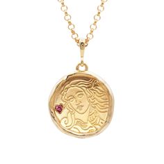 The Aphrodite Goddess Necklace with Heart-Cut Garnet is an ancient-looking coin pendant necklace made from either Gold Vermeil or Solid 14k Gold. It features an ethically-sourced heart cut garnet, and the coin medallion has a 1 inch diameter with a wax-seal finish. It is complemented by an 18 inch rolo chain. Aphrodite Goddess Of Love, Common Era, Goddess Of Love And Beauty, Greek Goddesses, Molten Gold, Aphrodite Goddess, Goddess Necklace, Gold Coin Necklace, Goddess Of Love