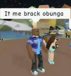 an animated image of two people standing in front of a sign that says it's me back obunga