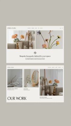 the website design for our work is clean and modern, with flowers in vases