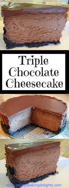 triple chocolate cheesecake on a plate with one slice cut out and the other half eaten