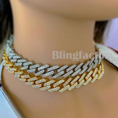 Gold, White Gold Plated Over Alloy Lab Diamonds On Chain 14mm 18" High Quality And Polished White Cuban Link Chain Necklace With Adjustable Chain, White Curb Chain Link Necklaces, White Cuban Link Chain Jewelry, White Cuban Link Necklaces With Gold Chain, Choker Ideas, Bling Choker, Choker Chain Necklace, Diamond Bling, Choker Chain