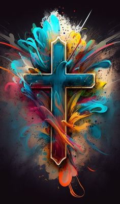 a cross with paint splatters on it and the colors are blue, yellow, red