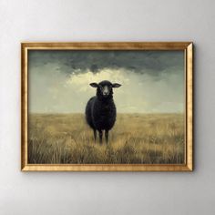 a painting of a black sheep standing in a field