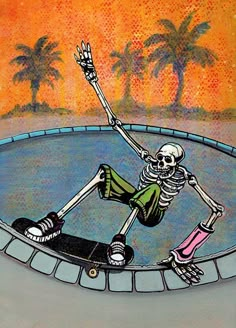 a drawing of a skeleton riding a skateboard