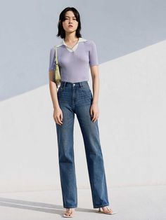 MO&Co. Women's High Rise Straight Leg Jeans Features : - Straight jeans- High waist- Retro Style Code : MBB2JENT15Length of size M is 107cmModel is 178cm tall and wearing a size M MATERIALS & CARE : Material : 100% CottonUse a washing machine at the mild process of 30℃Do not bleach, do not soakDo not tumble dryTips : 1. The leather part cannot be ironed or wiped.2. It is a normal phenomenon that denim products have slight discoloration. Please select your own size in the size chart according to Straight High Rise Jeans Outfit, Outfit Ideas With Straight Leg Jeans, Straight Jeans For Women, Tops With Straight Jeans, Jeans Top Outfit For Women, How To Style Straight Jeans, Straight Leg Medium Wash Denim Jeans, Straight Fit Medium Wash Jeans, Straight Fit Jeans Women