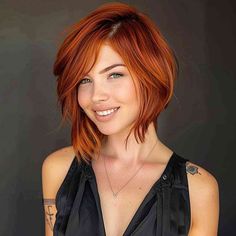 42 Flattering Short Hairstyles for Long Faces in 2024 Bob With Longer Front Pieces, Bixie Red Hair, Short Ginger Brown Hair, Bob Red Hair Short, Redhead Bob Haircut, Chin Length Red Hair, Fembot Hair, Bob Ginger Hair, Bob Hairstyles Red Hair