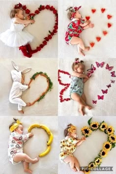 four photos of babies laying in the shape of hearts with flowers and butterflies around them