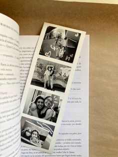 an open book with pictures of people on it and the pages are folded in half