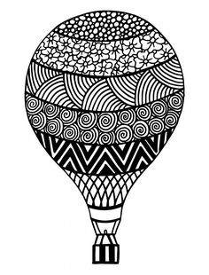 a hot air balloon with an intricate pattern on the side, black and white drawing