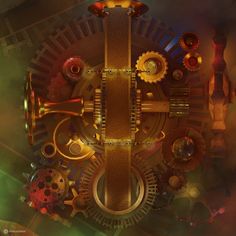 an image of a clock made out of gears and other mechanical parts on a dark background